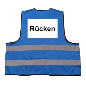 Blaue Warnweste mit Aufdruck Rücken.