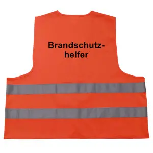 Warnweste Frank in orange mit zwei Reflexstreifen im Taillenbereich. Mit dem Text Brandschutzhelfer bedruckte Rückseite.