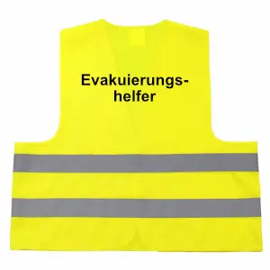 Warnweste Frank in gelb mit zwei Reflexstreifen im Taillenbereich. Mit dem Text Evakuierungshelfer bedruckte Rückseite.