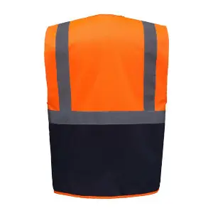 Warnweste mit Taschen in orange-marine in der Rückenansicht.